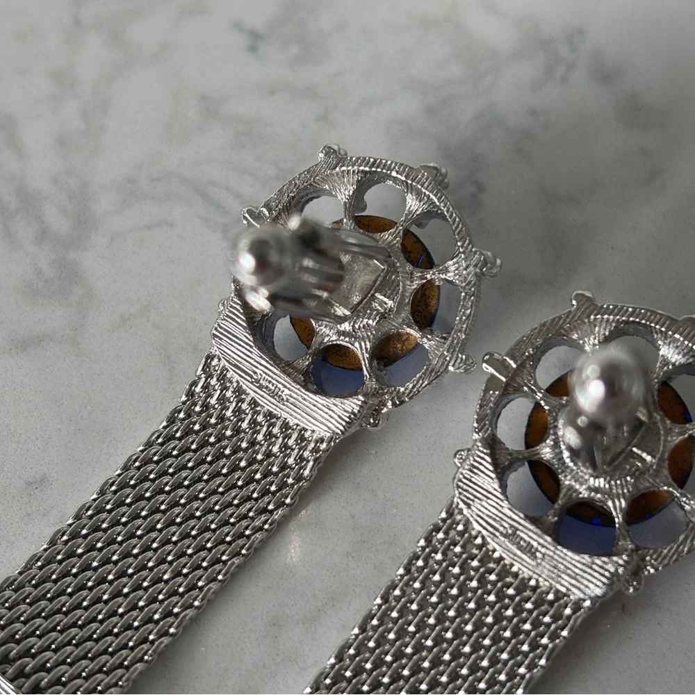 Vintage Swank Chain Mesh Blue Crystal Cufflinks-Silver Tone